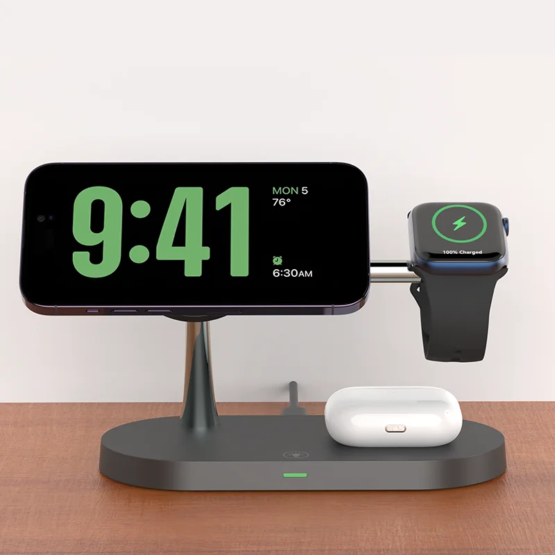 3-in-1 wireless charging stand with LED clock for phone, watch and earbuds