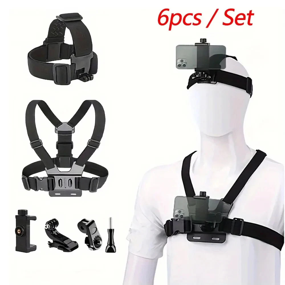6-piece chest and head strap mount kit for action cameras and phones