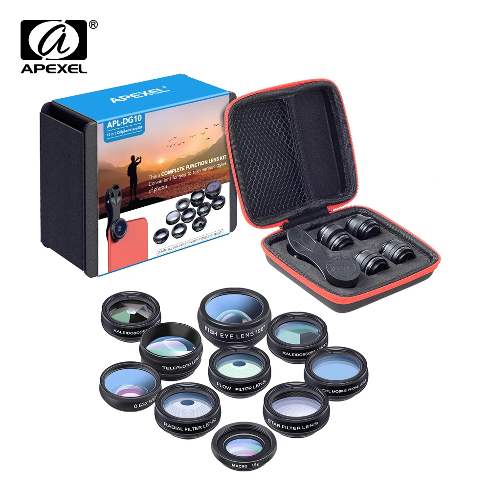 APEXEL 10-in-1 phone lens kit with case, including fisheye, wide angle, and macro lenses