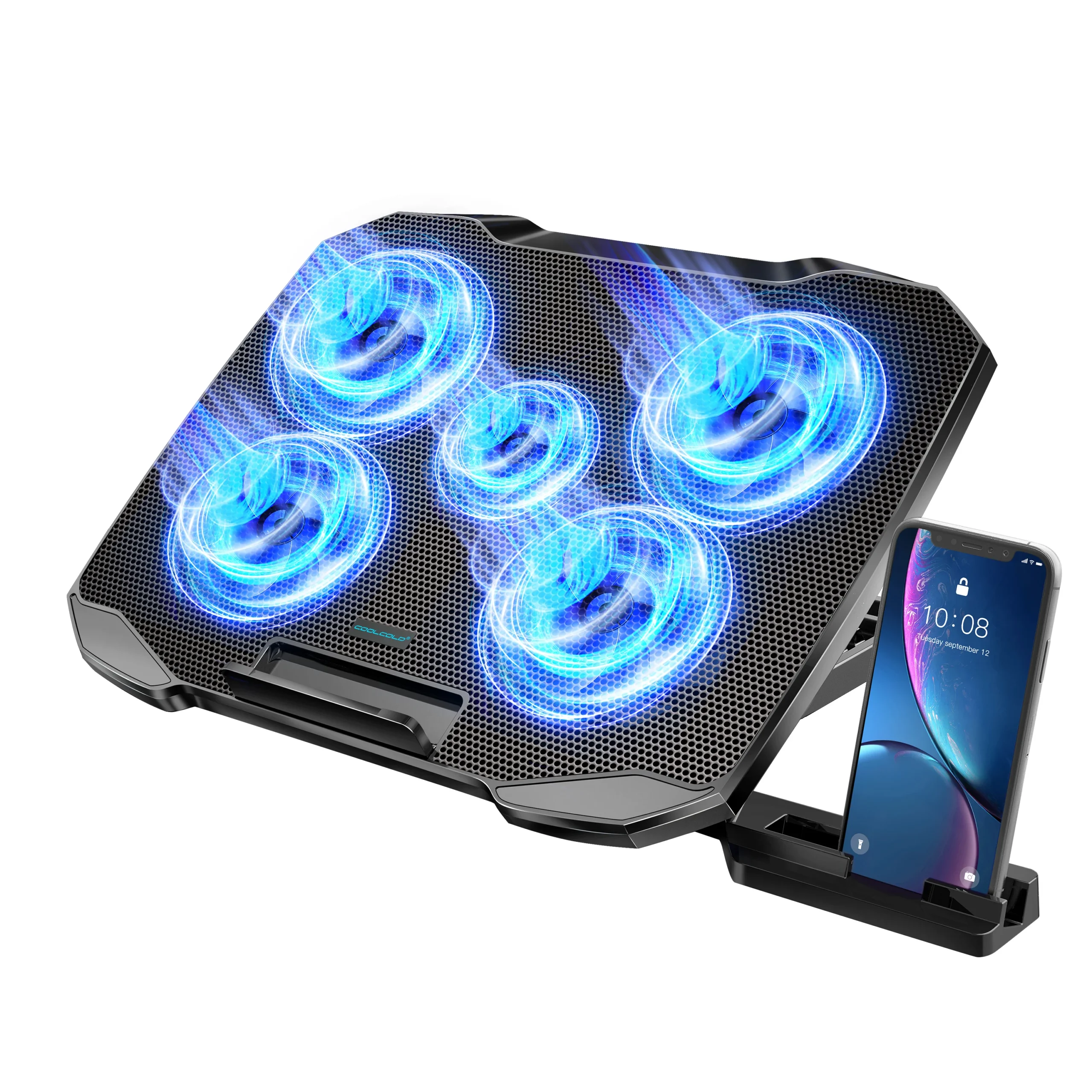COOLCOLD laptop cooling pad with five blue LED fans and a phone holder