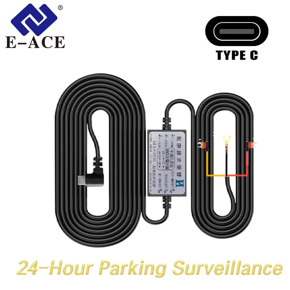 E-ACE dash cam hardwire kit with Type-C connector and fuse box leads