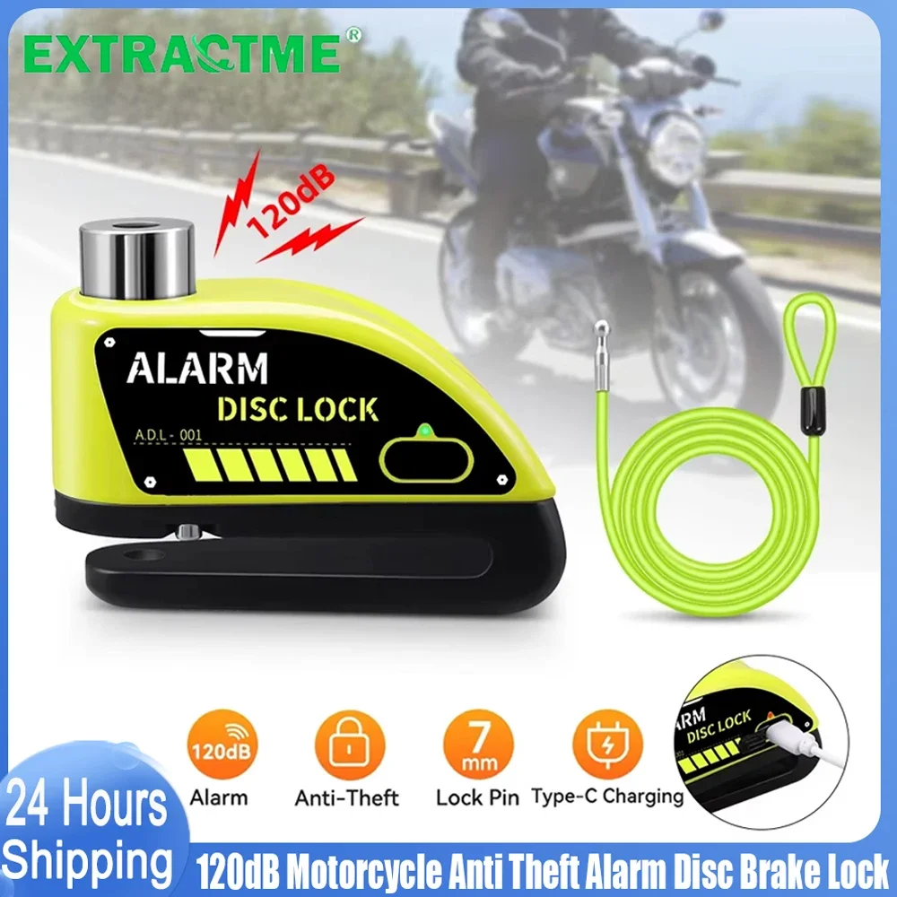 Extractme 110dB motorcycle alarm disc lock with reminder cable