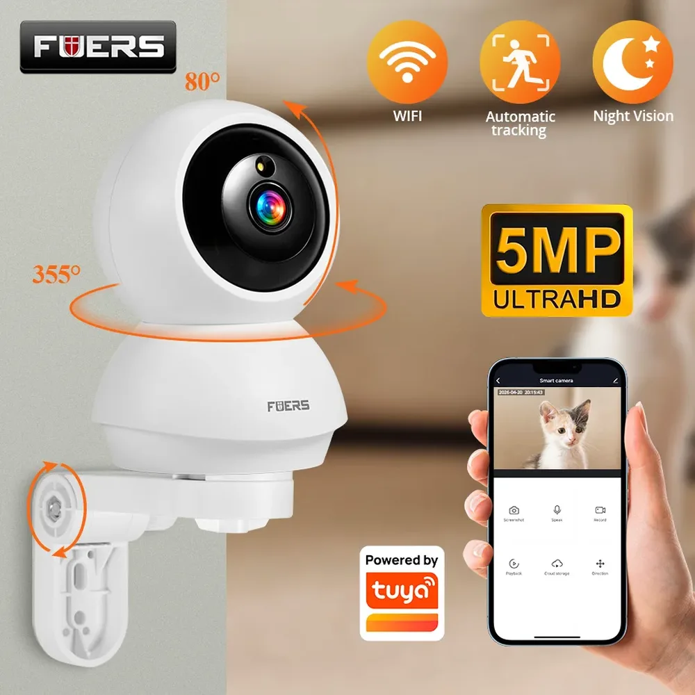 FUERS Tuya pan-tilt indoor Wi-Fi camera on a wall bracket showing a pet in the phone app