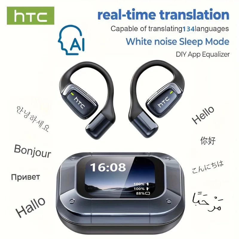 HTC NE25 AI translator earbuds with LCD touchscreen case