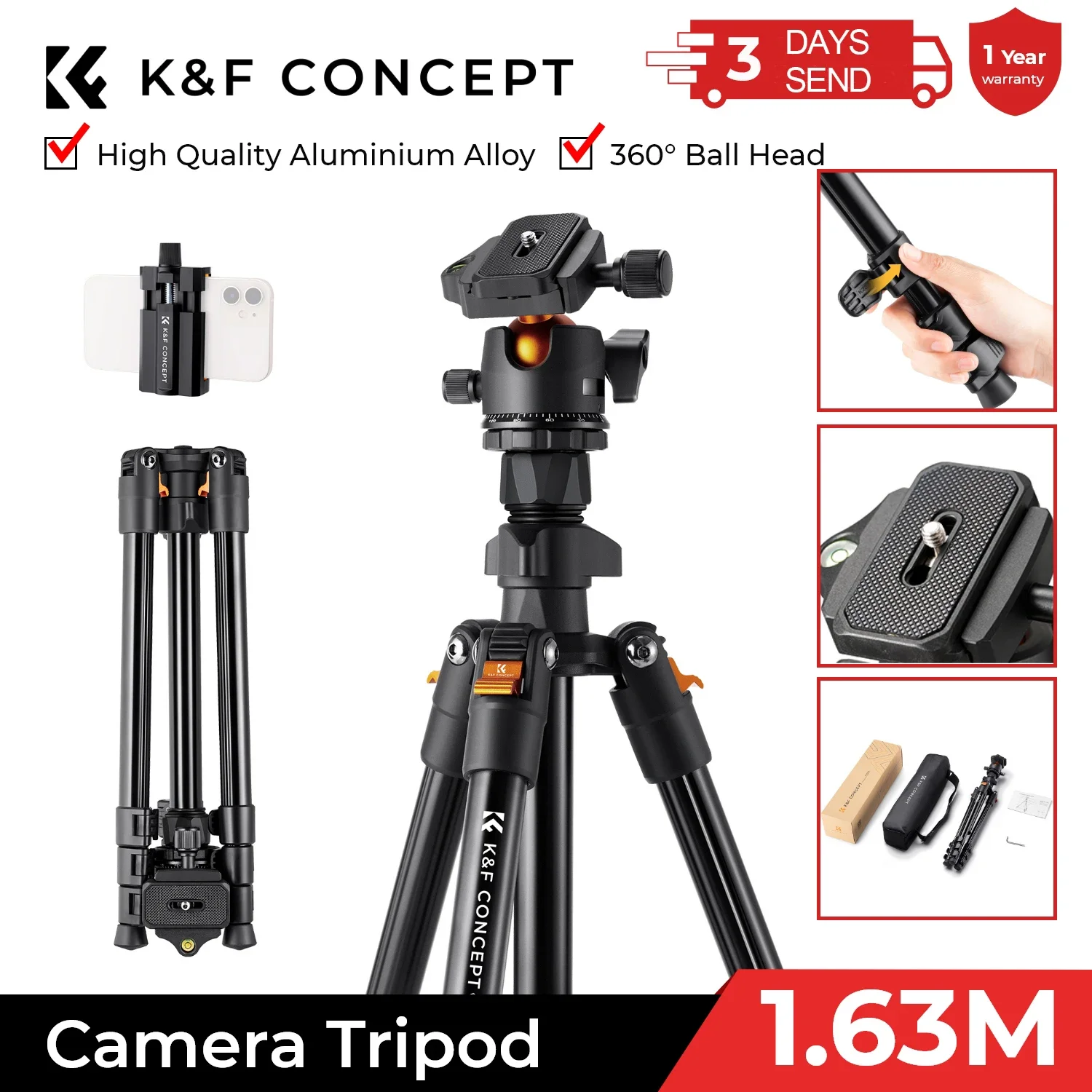 K&F Concept portable travel tripod with 360 degree ball head
