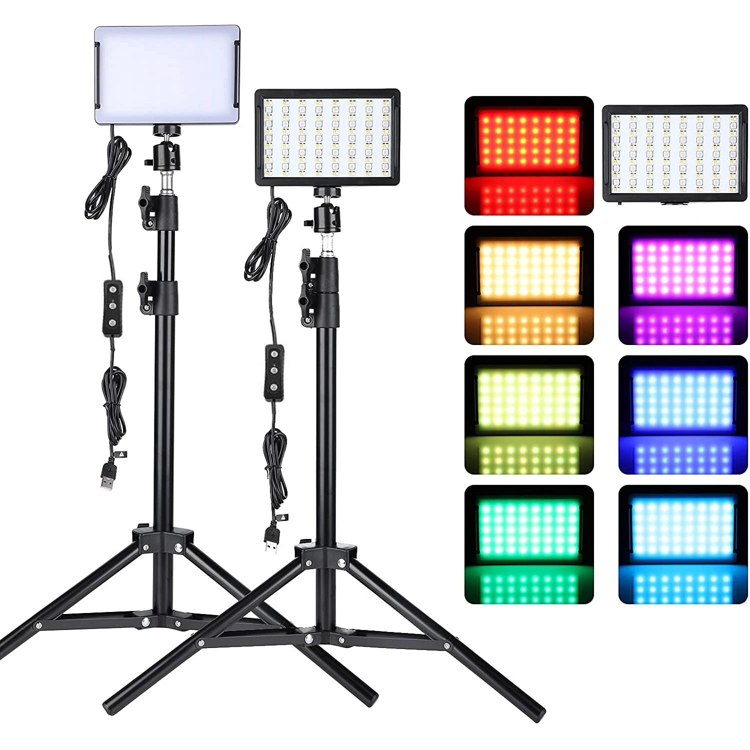 LED video light kit with adjustable tripod stand and RGB color filters