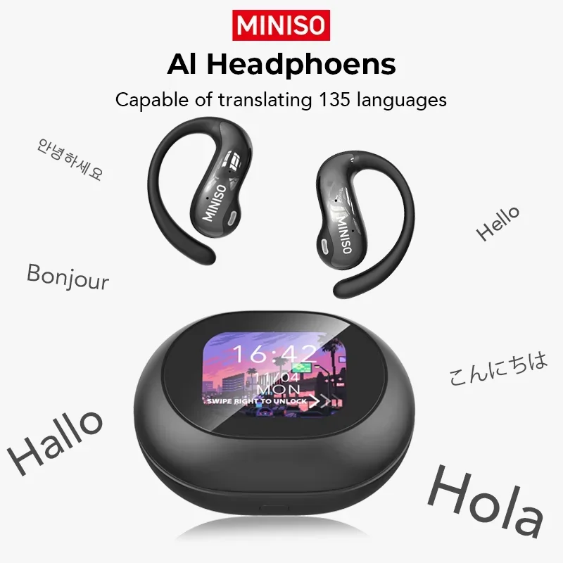 MINISO MS188 AI translation earbuds with HD touchscreen case