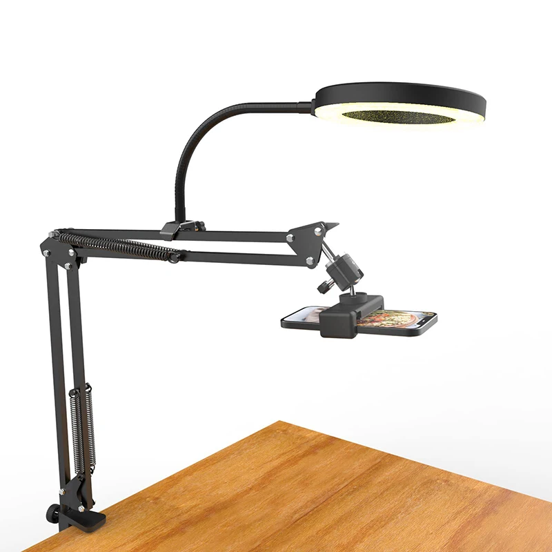 Overhead phone tripod with ring light for video